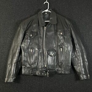 Black Leather Multi Pocket Full Zip Outerwear Casual Jacket Men's Size Large